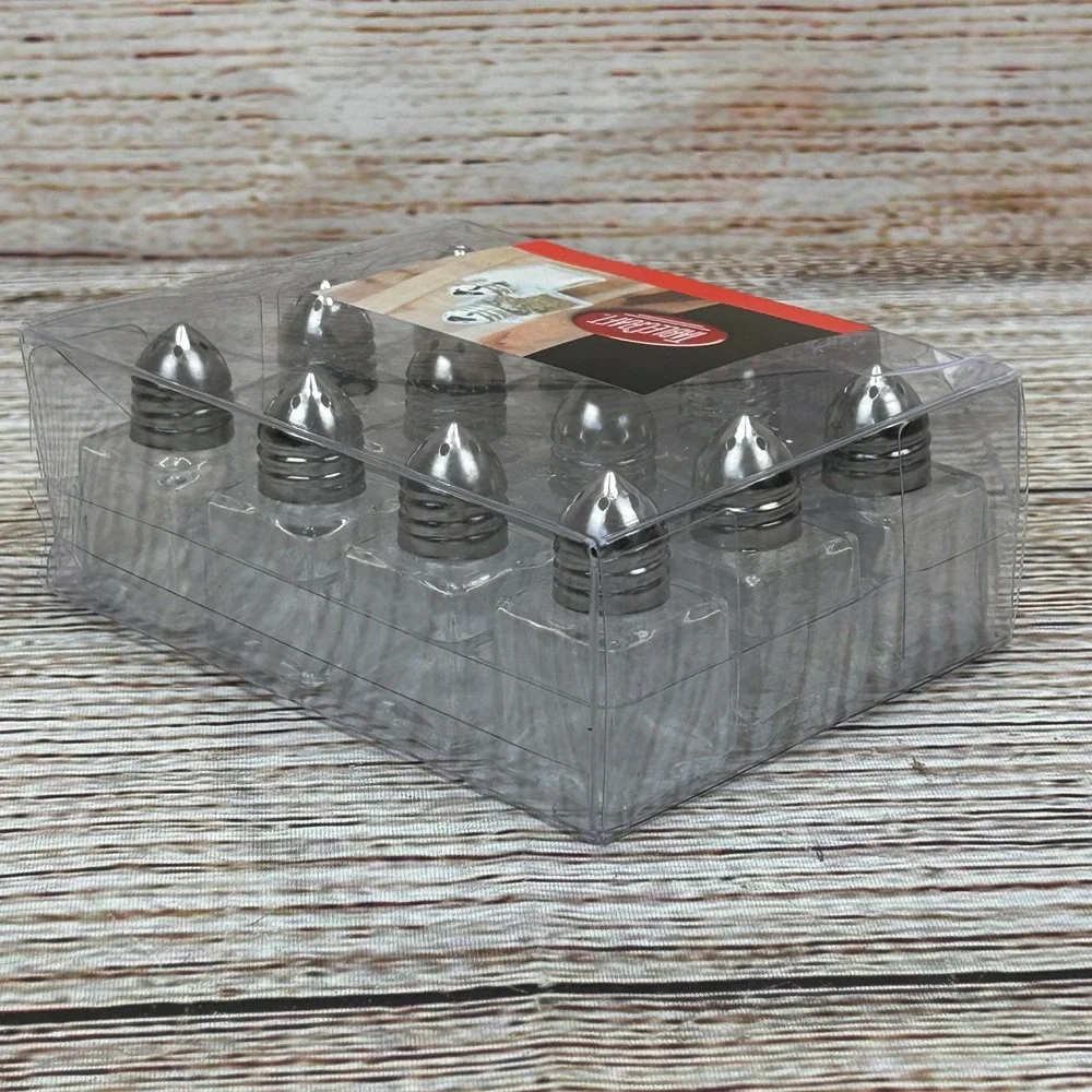 TableCraft 12 Pack 1/2 oz Cube Glass Salt and Pepper Shakers Chrome Top C30A NIB